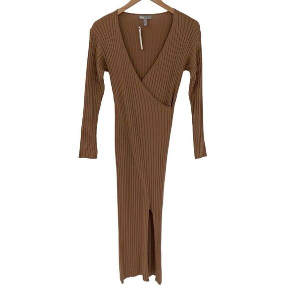 ASOS Design Knit Rib Midi Dress Faux Wrap Long Sleeve Stretchy Women US 4 Tan - Picture 2 of 9